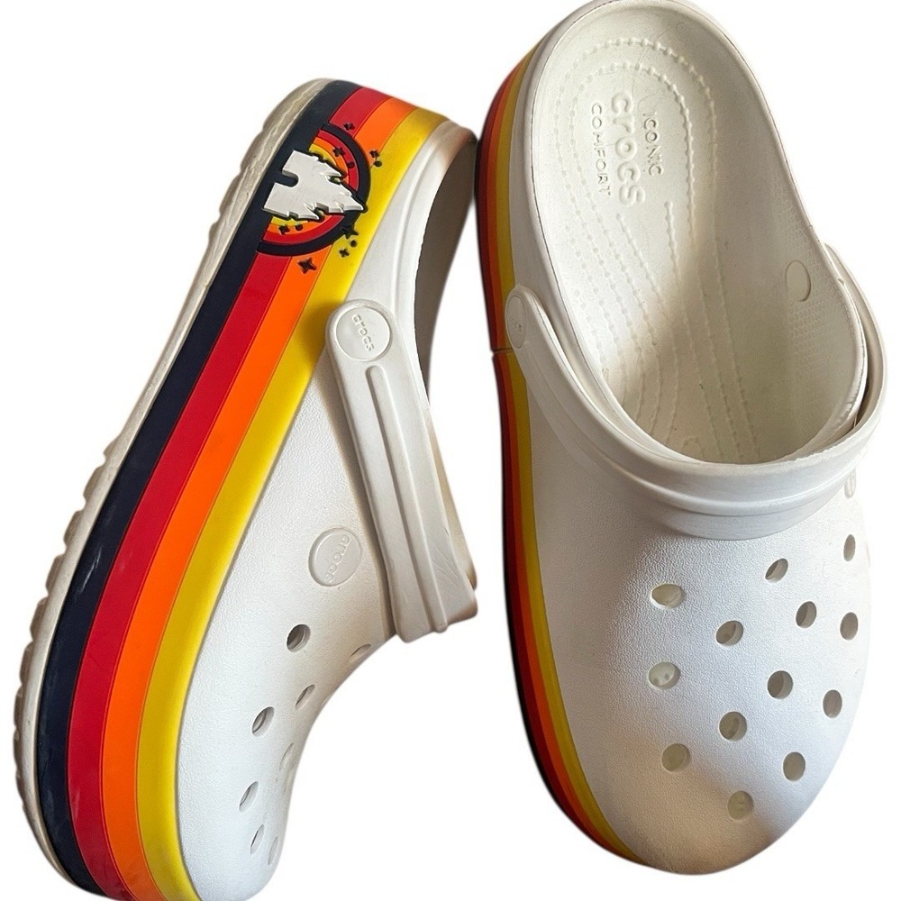 Crocs White Platform Clogs With Rainbow Stripe